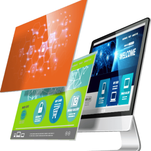 Illustration of a computer displaying multiple digital screens. One screen shows a network of padlocks on an orange background, symbolizing security. Another screen features website interface elements, including icons and welcome text.